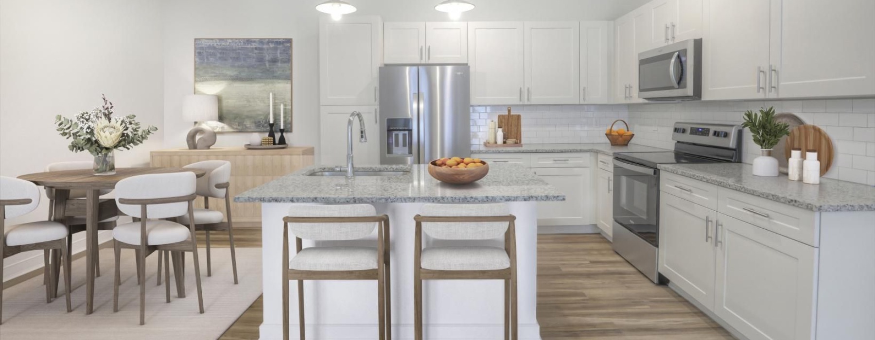 a kitchen with white cabinets