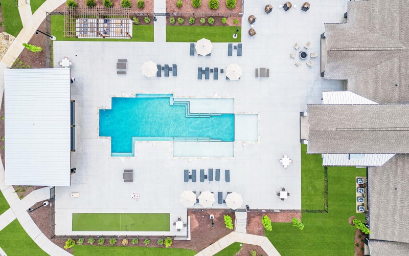 Aerial view of a pool deck