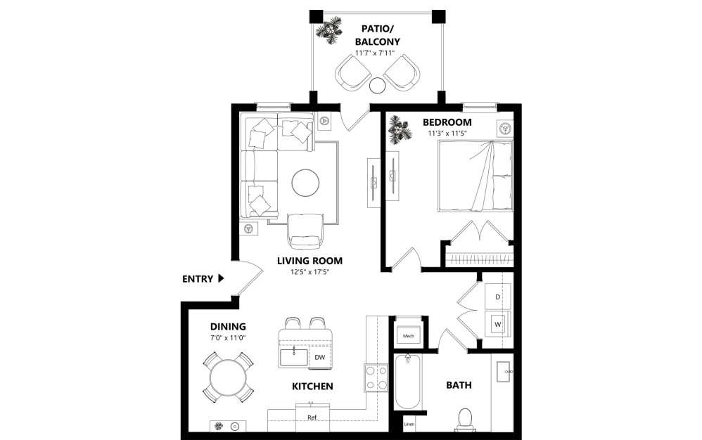 A1 - 1 bedroom floorplan layout with 1 bathroom and 783 square feet (2D)