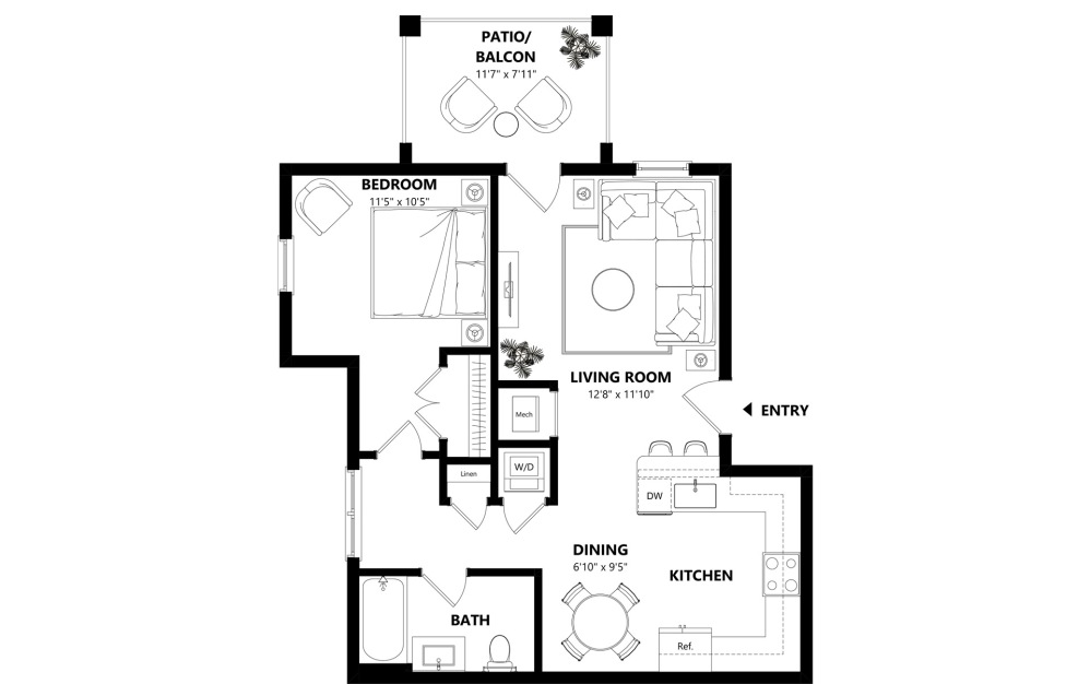 A2 - 1 bedroom floorplan layout with 1 bathroom and 715 square feet (2D)