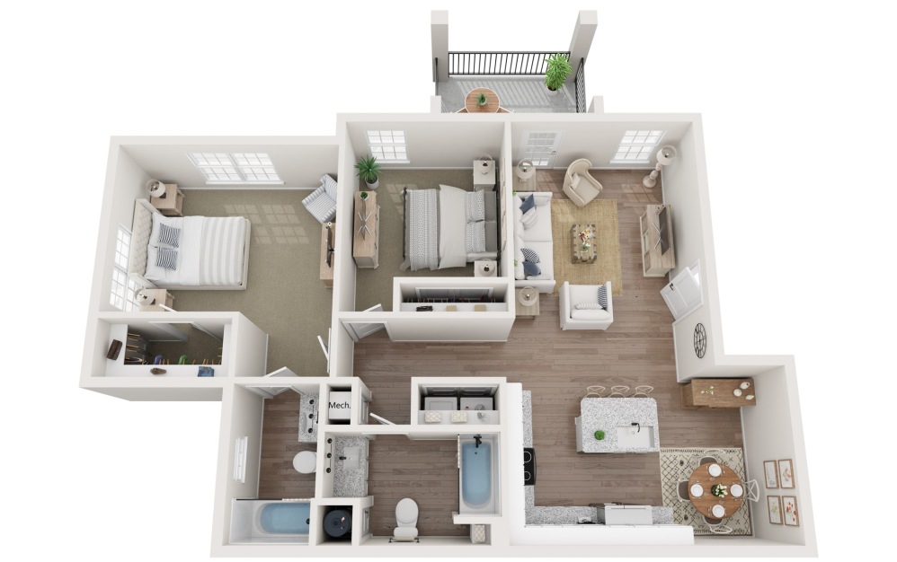 B1 - 2 bedroom floorplan layout with 2 bathrooms and 1102 square feet (3D)