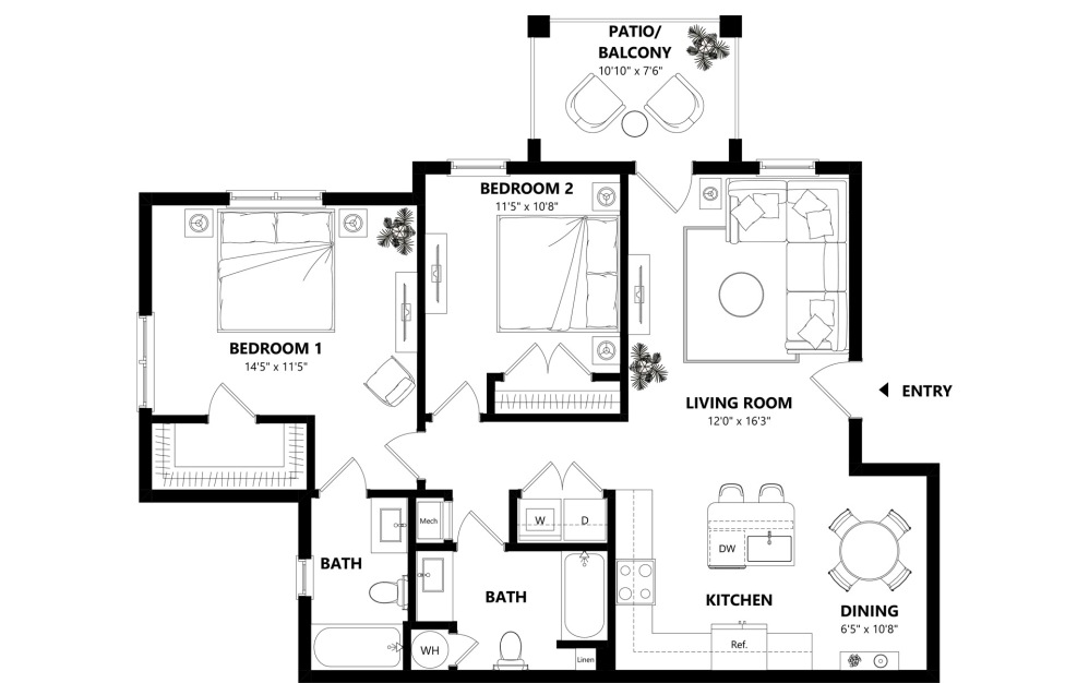 B1 - 2 bedroom floorplan layout with 2 bathrooms and 1102 square feet (2D)