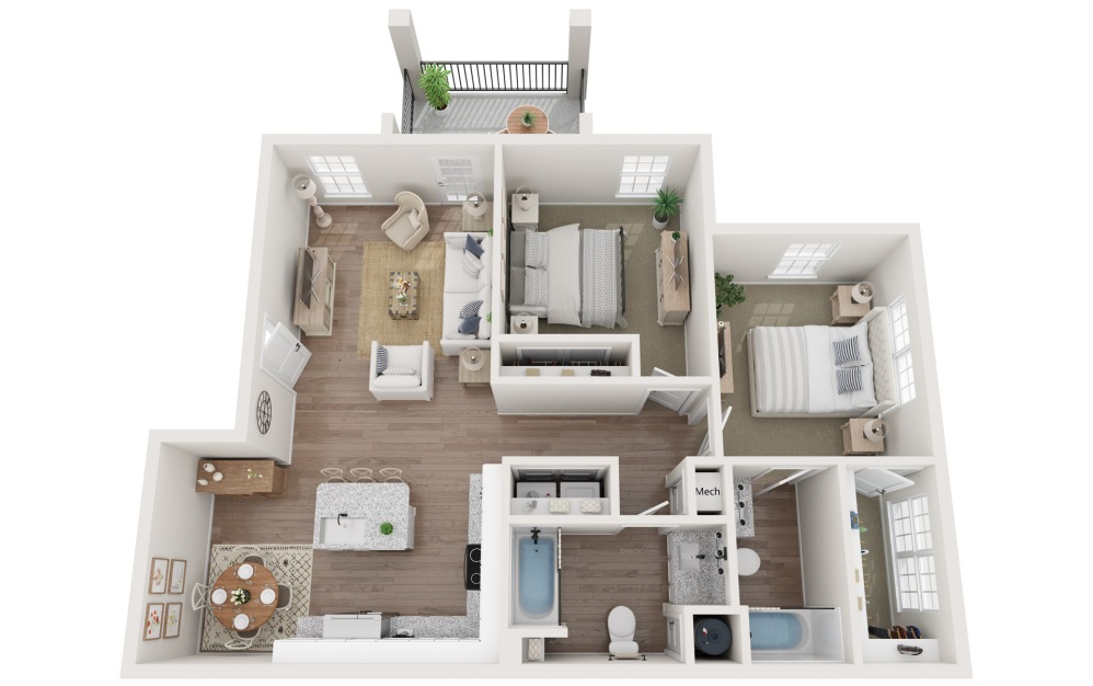 B2 - 2 bedroom floorplan layout with 2 bathrooms and 1049 square feet (3D)