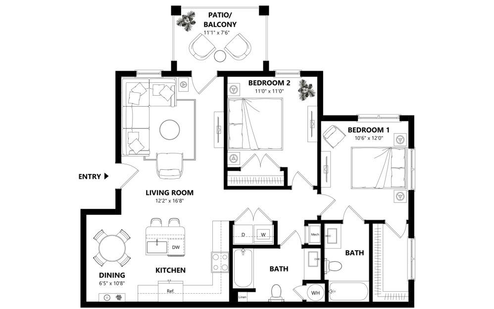 B2 - 2 bedroom floorplan layout with 2 bathrooms and 1049 square feet (2D)