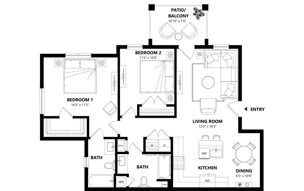 B3 - 2 bedroom floorplan layout with 2 bathrooms and 1049 square feet (2D)