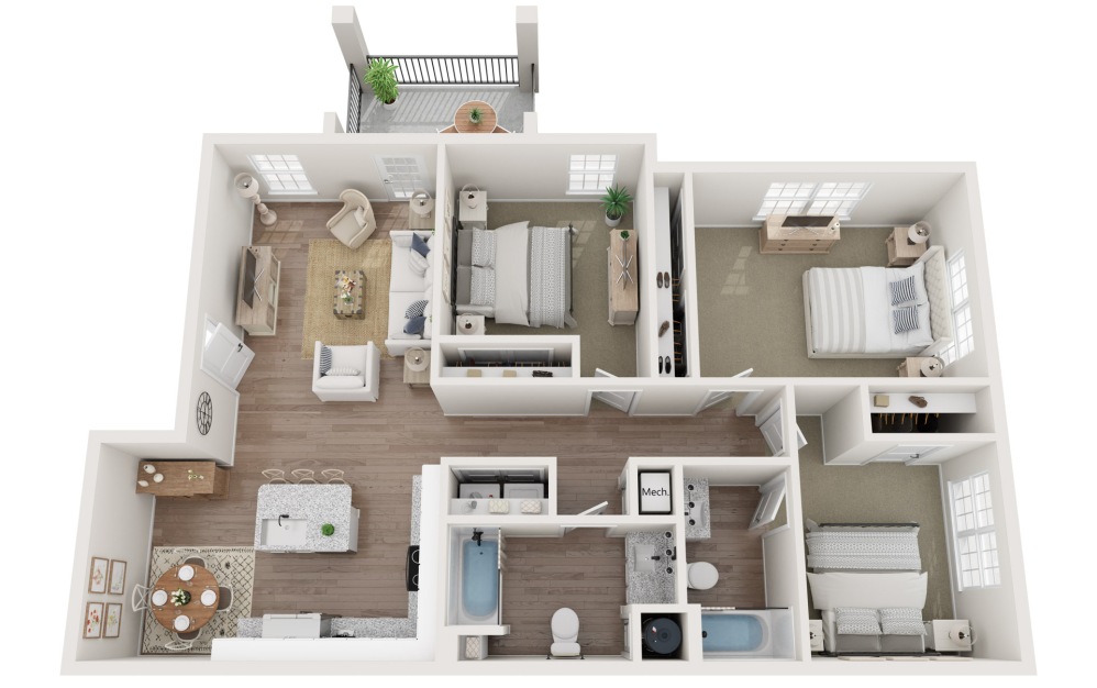 C1 - 3 bedroom floorplan layout with 2 bathrooms and 1265 square feet (3D)