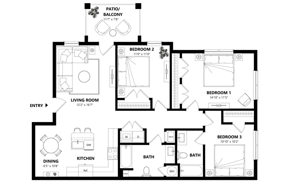 C1 - 3 bedroom floorplan layout with 2 bathrooms and 1265 square feet (2D)