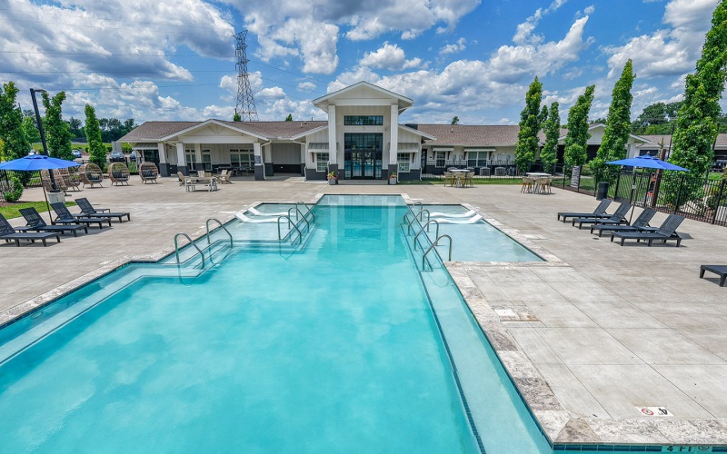 large pool behind a building