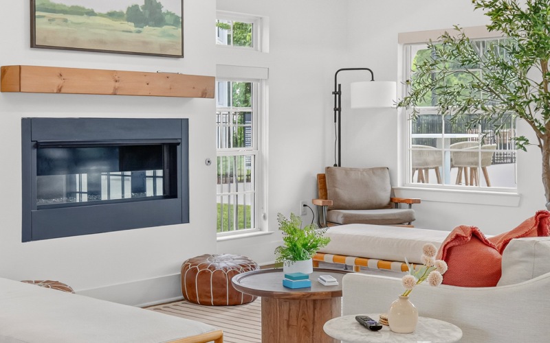 living room with fireplace couch and chairs